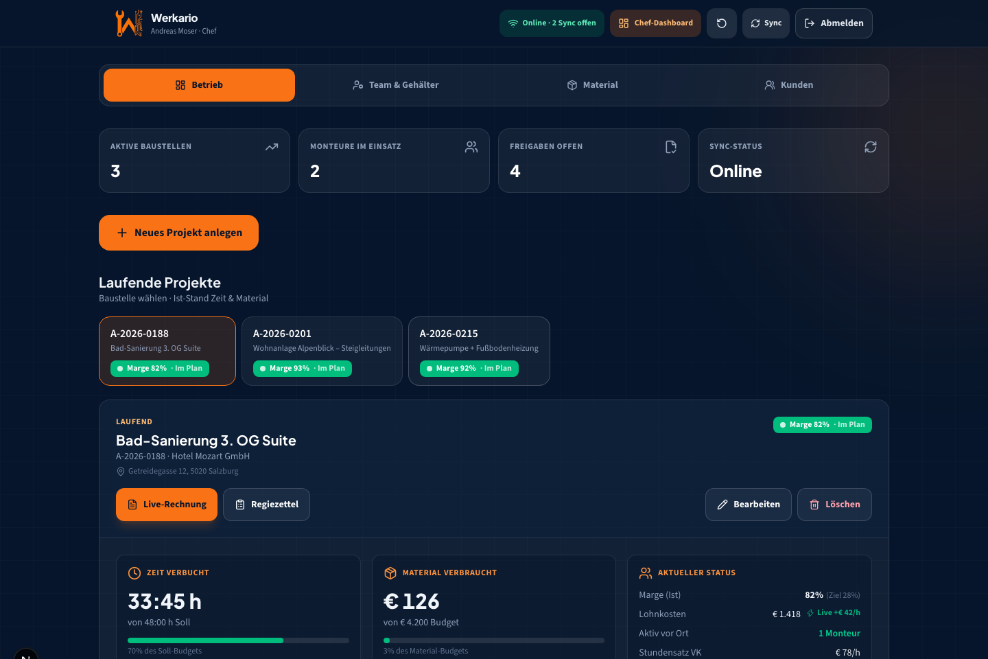 Werkario Chef-Dashboard mit Live-Marge und laufenden Projekten