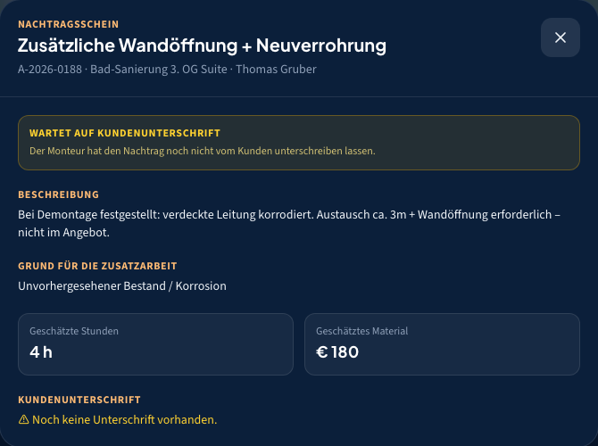 Nachtragsschein mit Kundenunterschrift